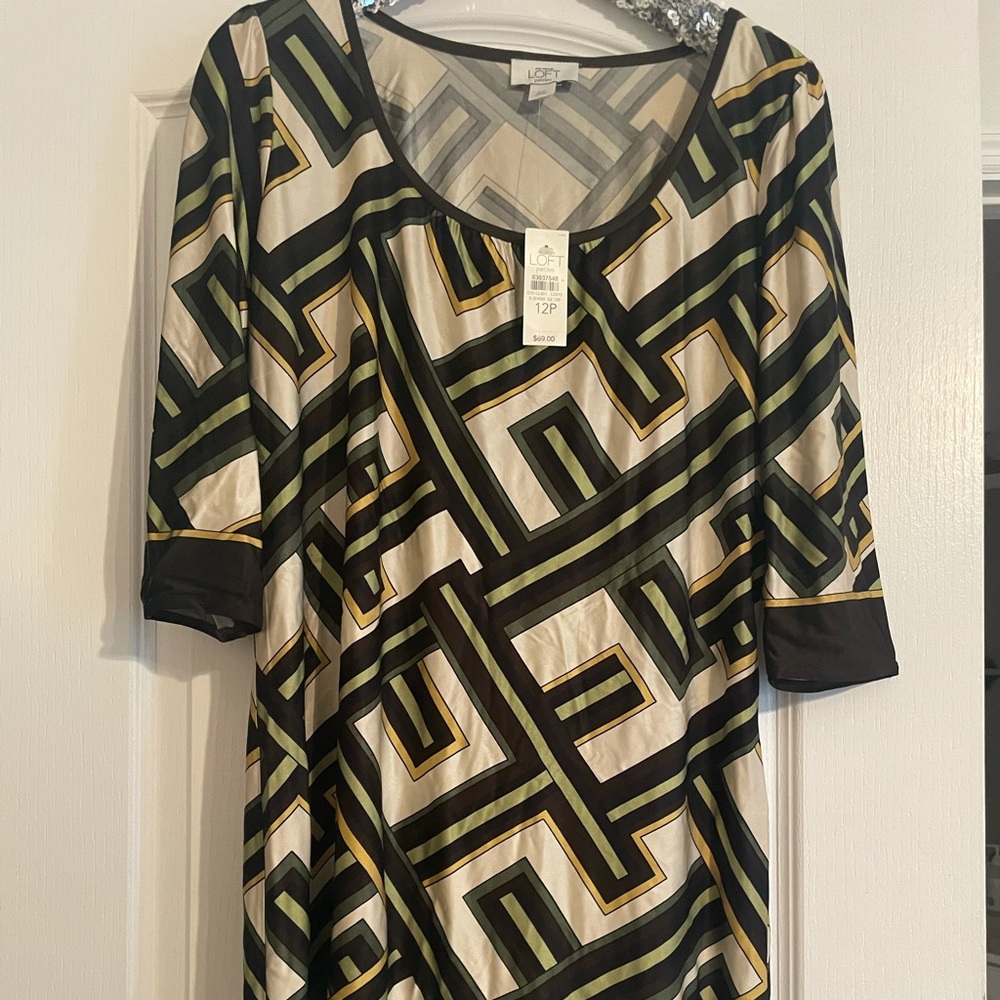 Ann Taylor Loft Dress Sz 12 P Beige Brown Artsy Geometric Print Dressy